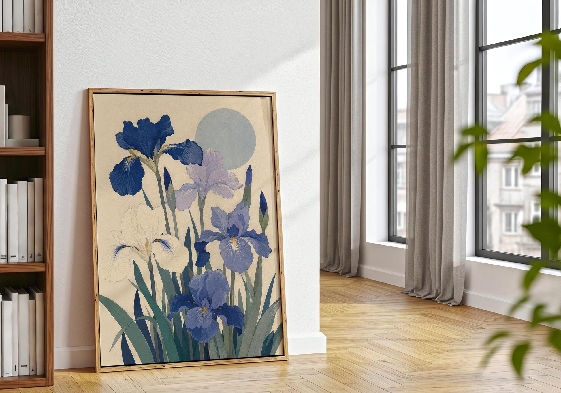 Japandi flower print featuring a vertical arrangement of blue and ivory irises with slender green foliage.