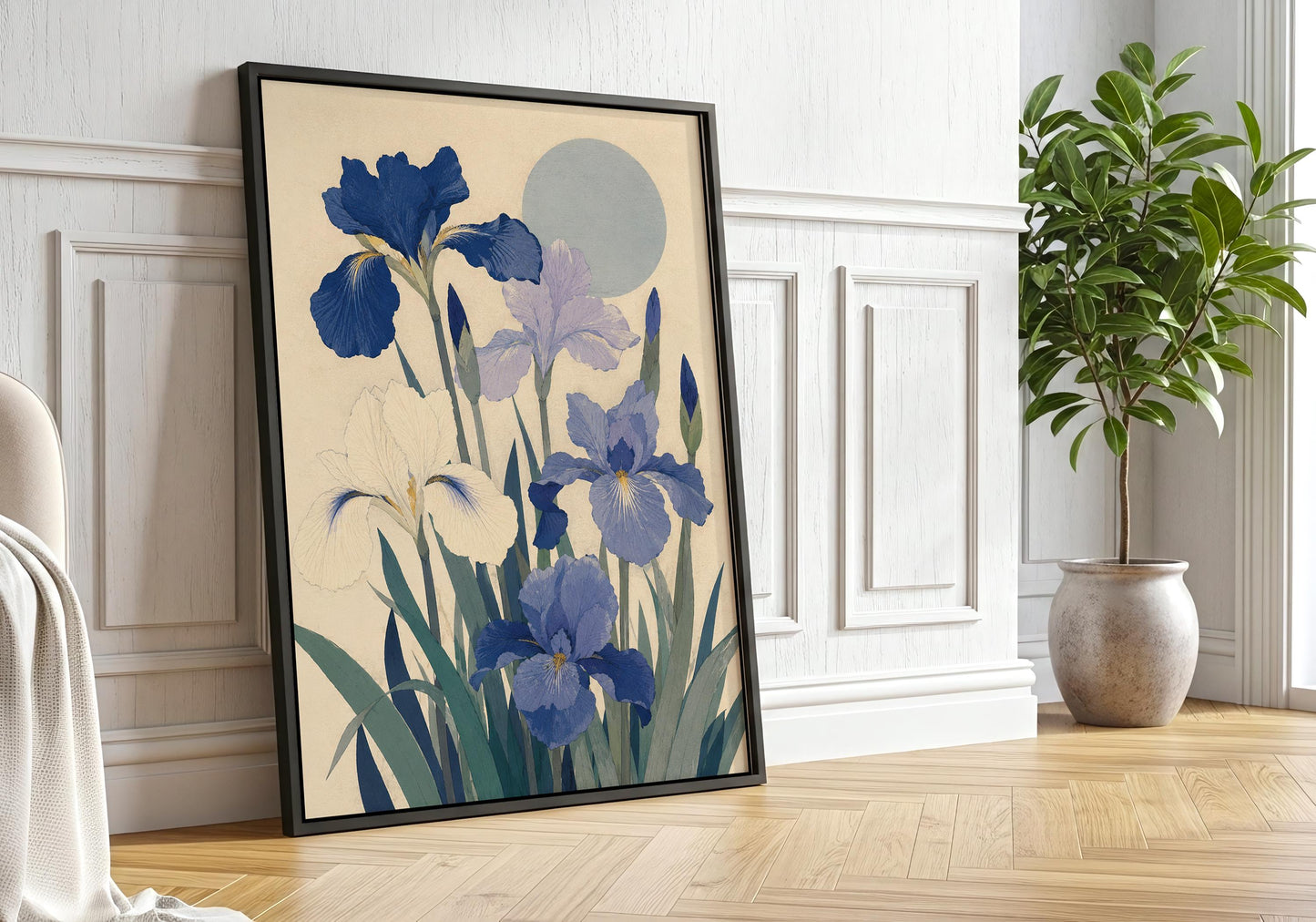 Vintage floral artwork showing detailed iris flowers in navy blue, soft lavender and creamy white.