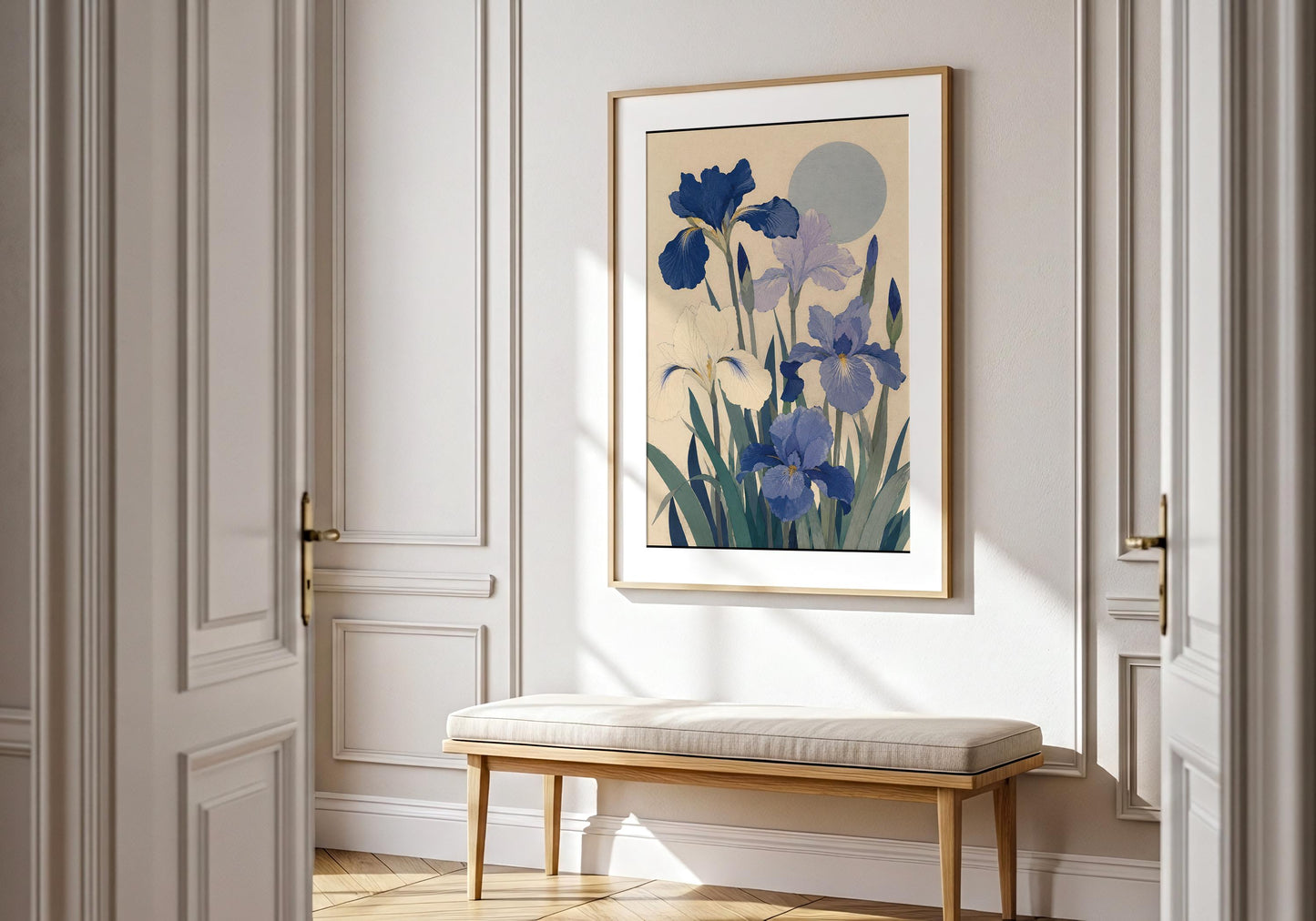 Close view of vintage-inspired iris artwork with textured petals in indigo, periwinkle, lavender and ivory.