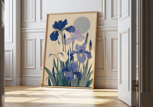 Blue iris wall art featuring indigo, lavender and ivory flowers against a warm cream background.