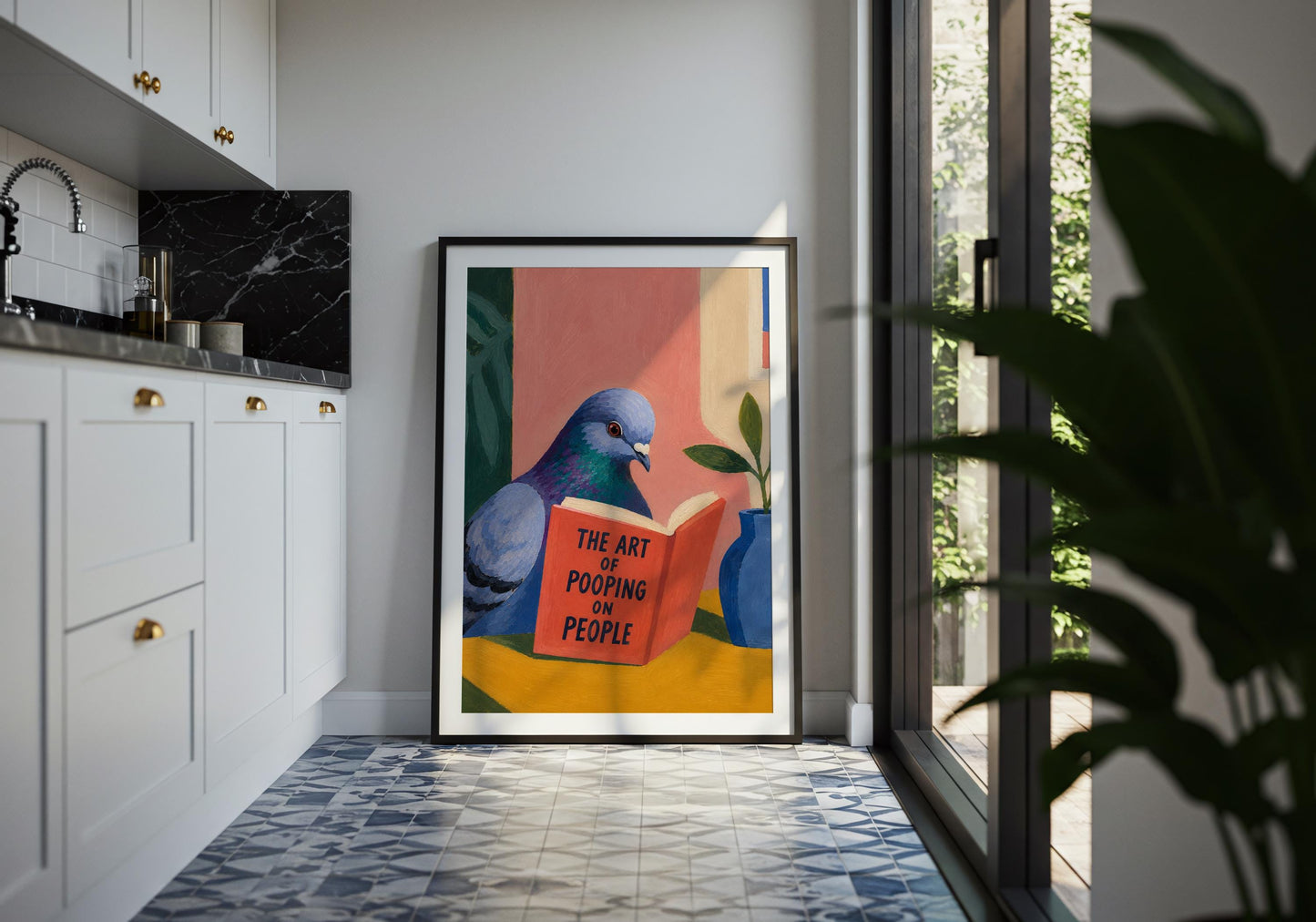 Quirky pigeon artwork perfect for home office wall decor and novelty gifts.