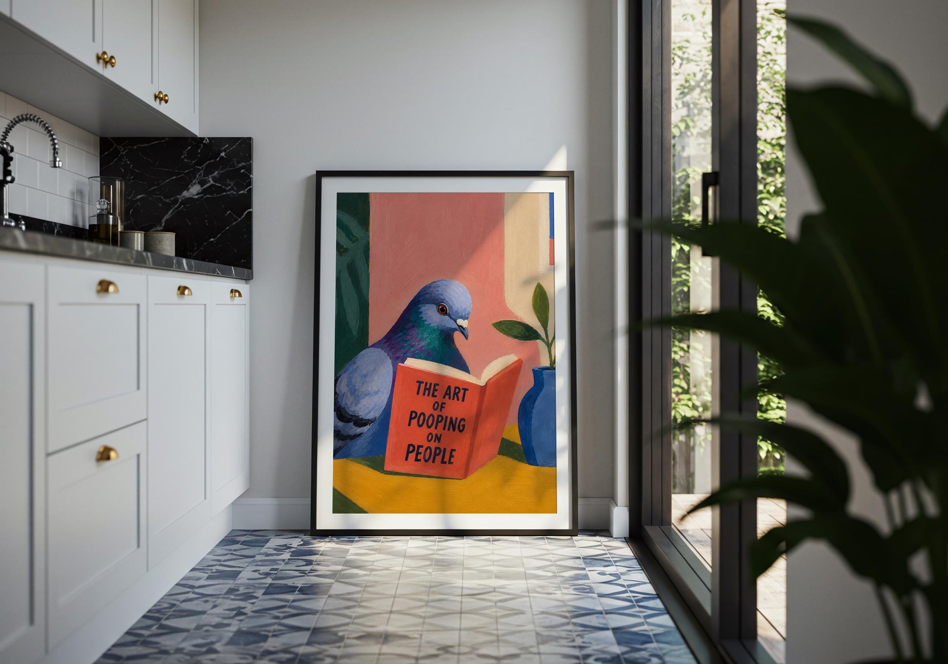 Quirky pigeon artwork perfect for home office wall decor and novelty gifts.
