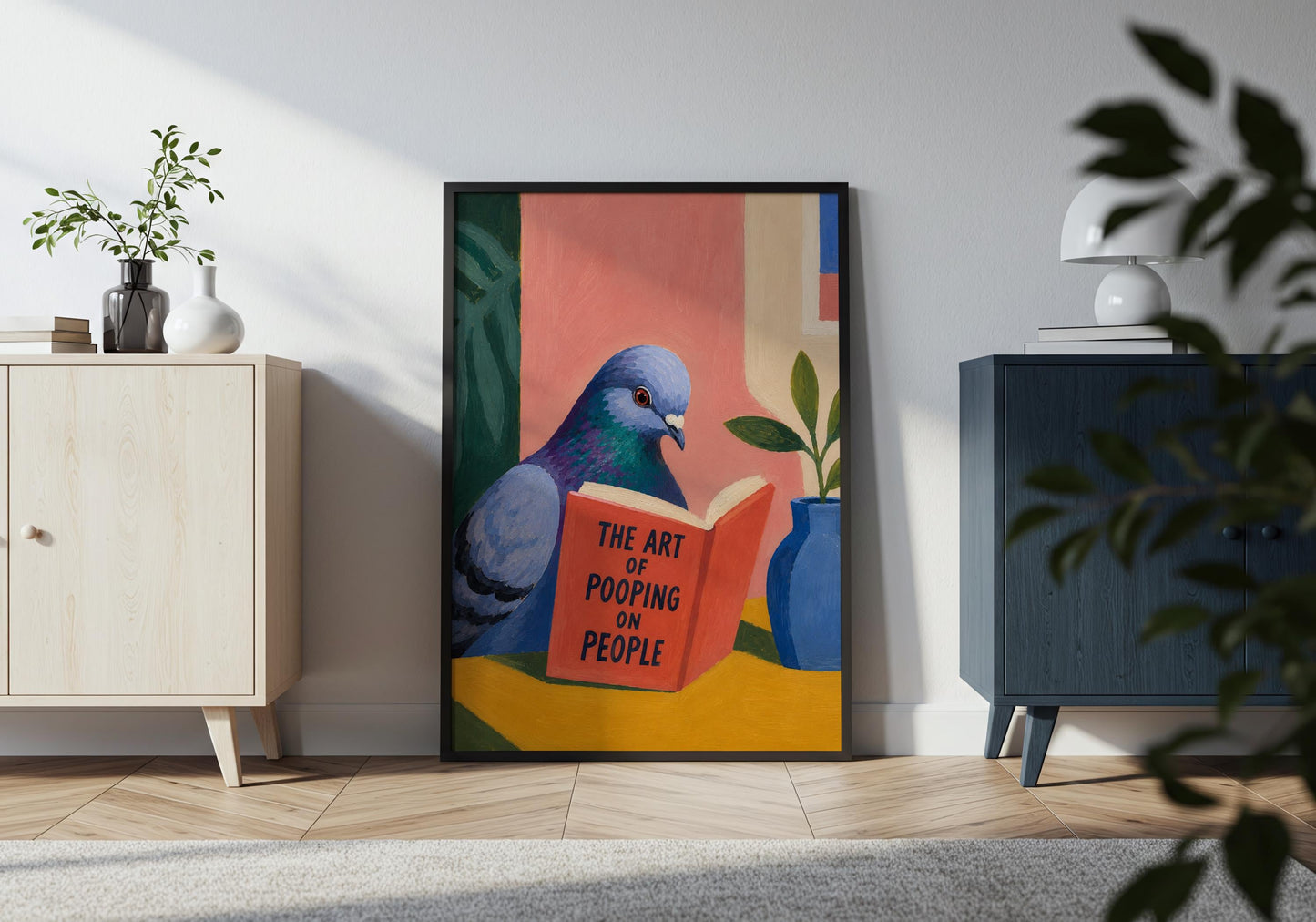 Sarcastic bird wall art featuring a pigeon reading The Art of Pooping on People.