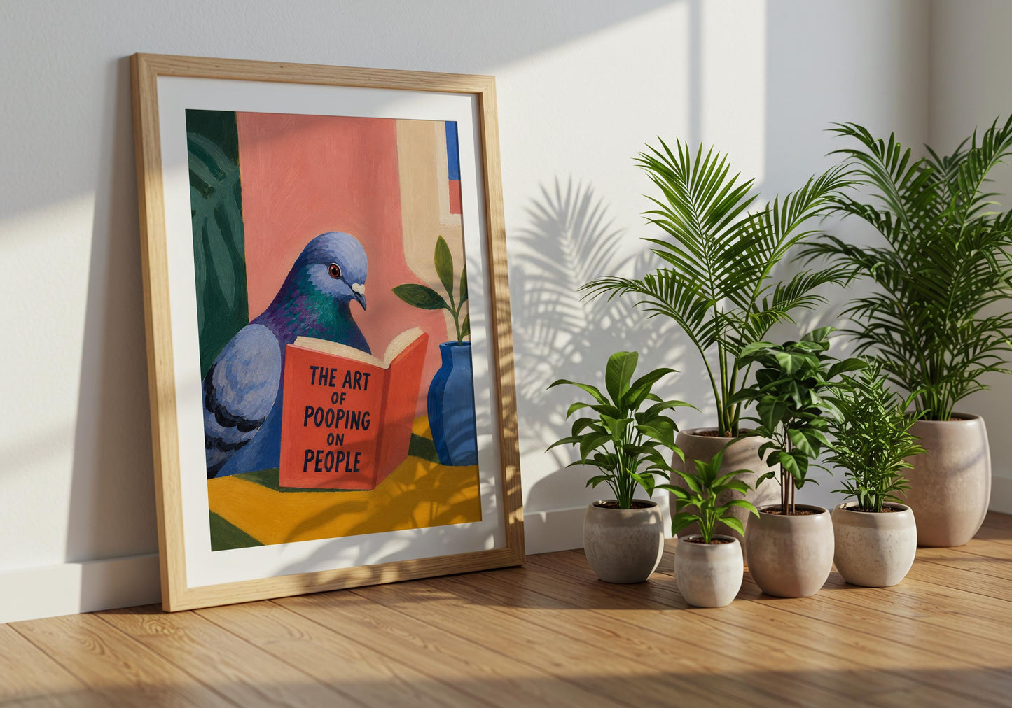Novelty pigeon poster for gallery walls, offices and quirky home interiors.