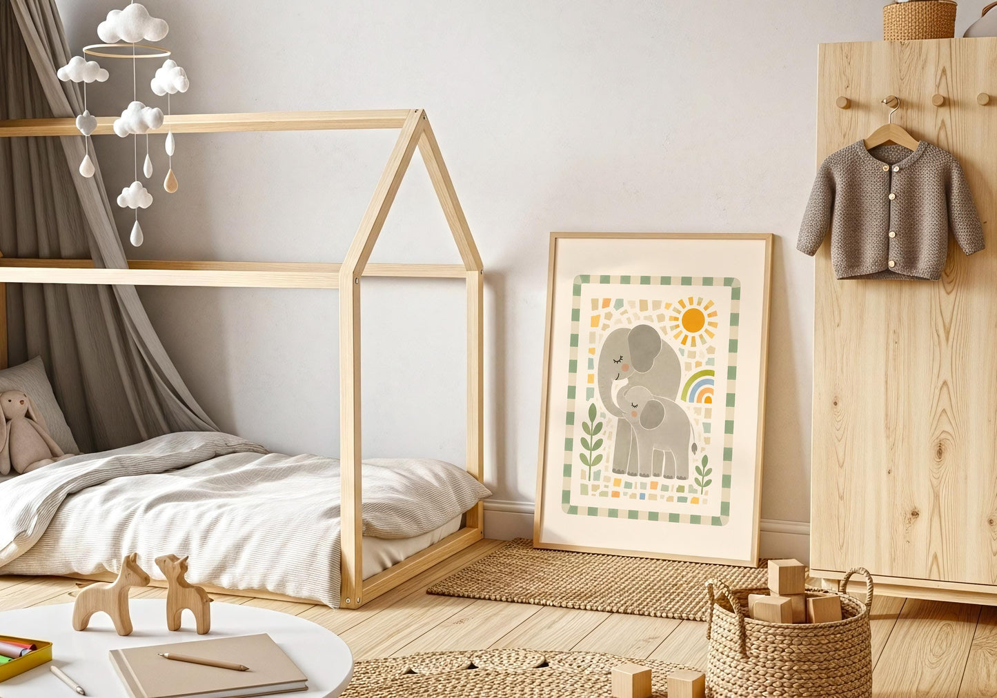 Sage green nursery print featuring elephants, leafy plants, a small rainbow and hand-painted geometric details.