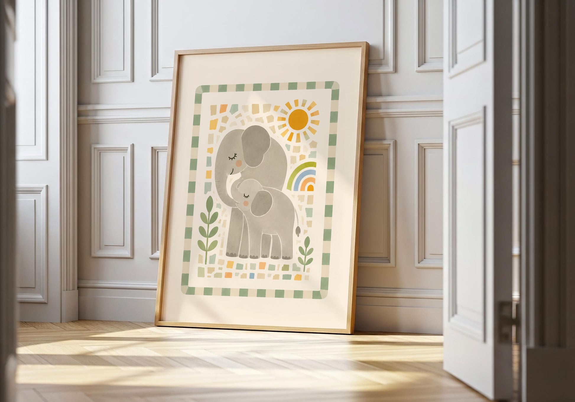 Parent and baby elephant nursery art print in soft grey, sage green and warm ochre with a sun and rainbow.