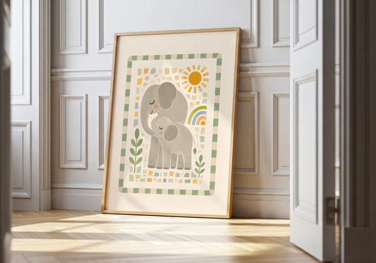Parent and baby elephant nursery art print in soft grey, sage green and warm ochre with a sun and rainbow.