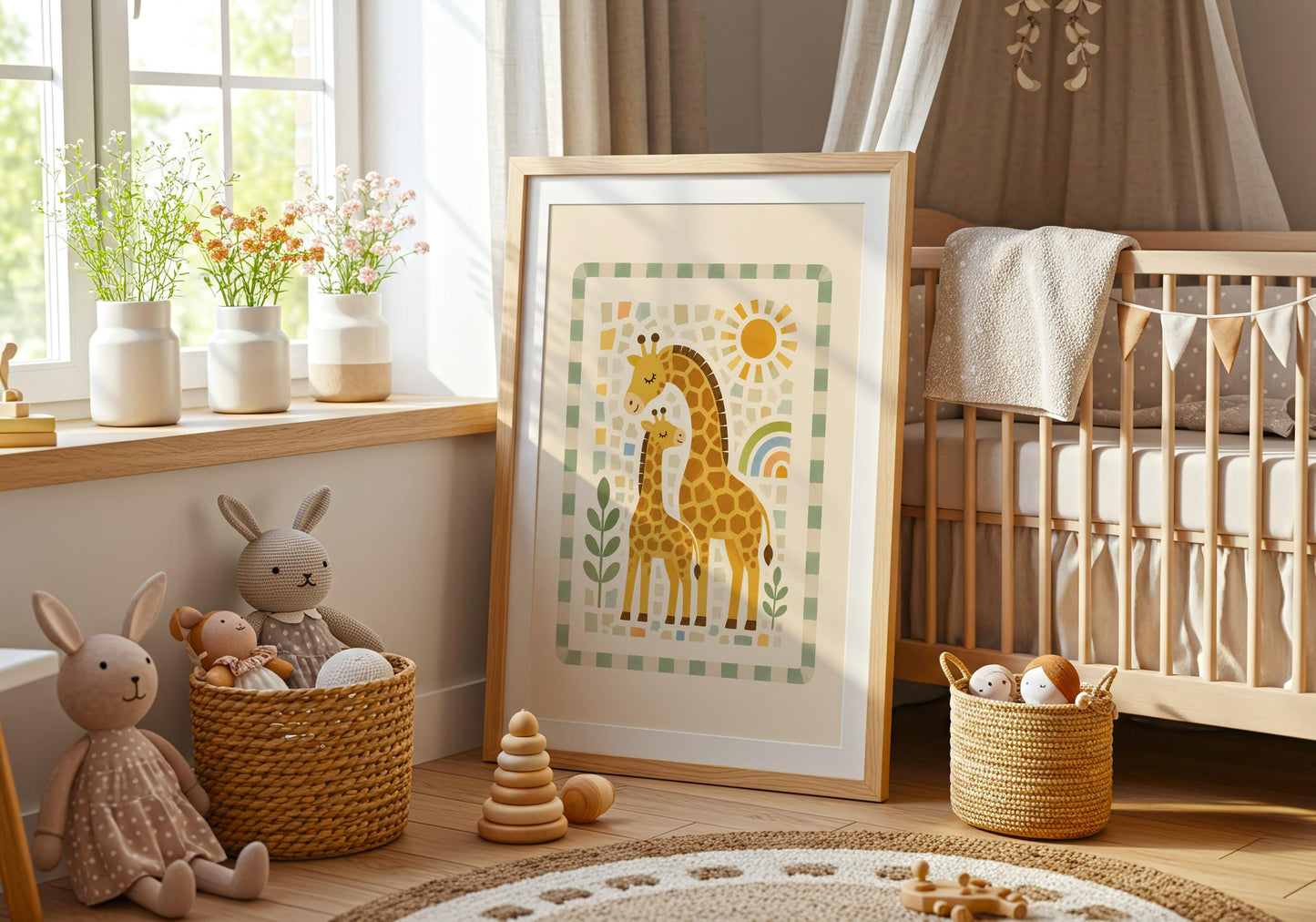 Framed baby giraffe print displayed on a cream panelled wall above a simple wooden bench.