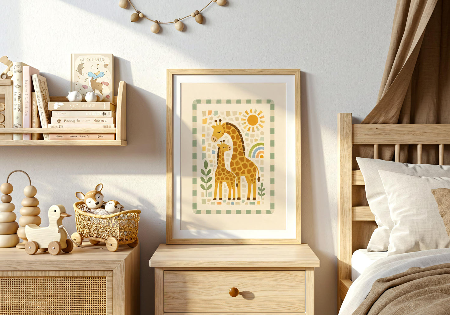 Safari nursery wall art showing two giraffes together among soft mosaic-style shapes and botanical details.