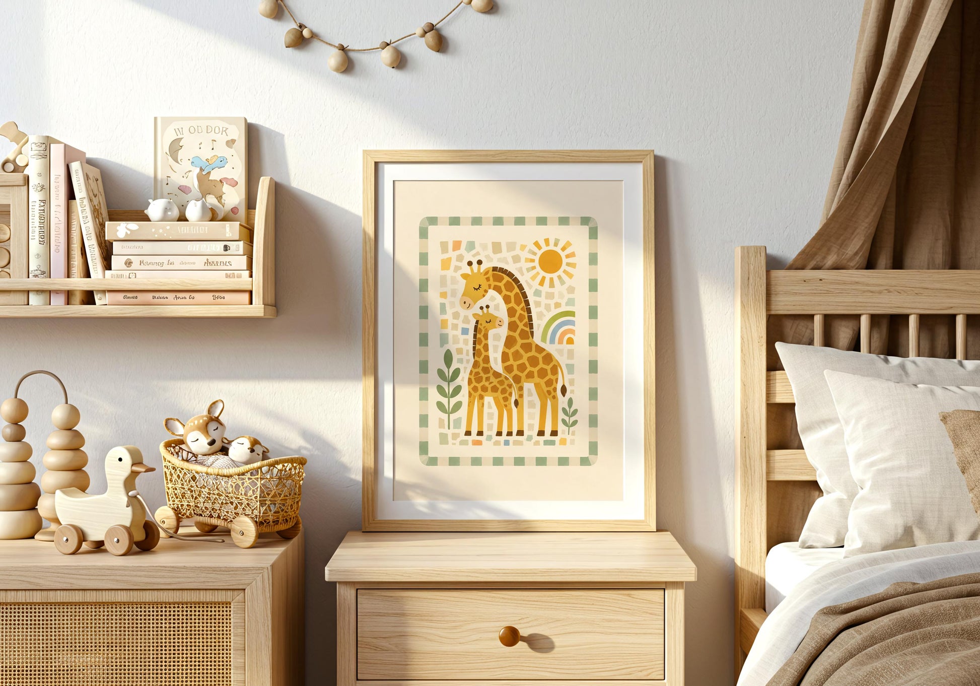 Safari nursery wall art showing two giraffes together among soft mosaic-style shapes and botanical details.