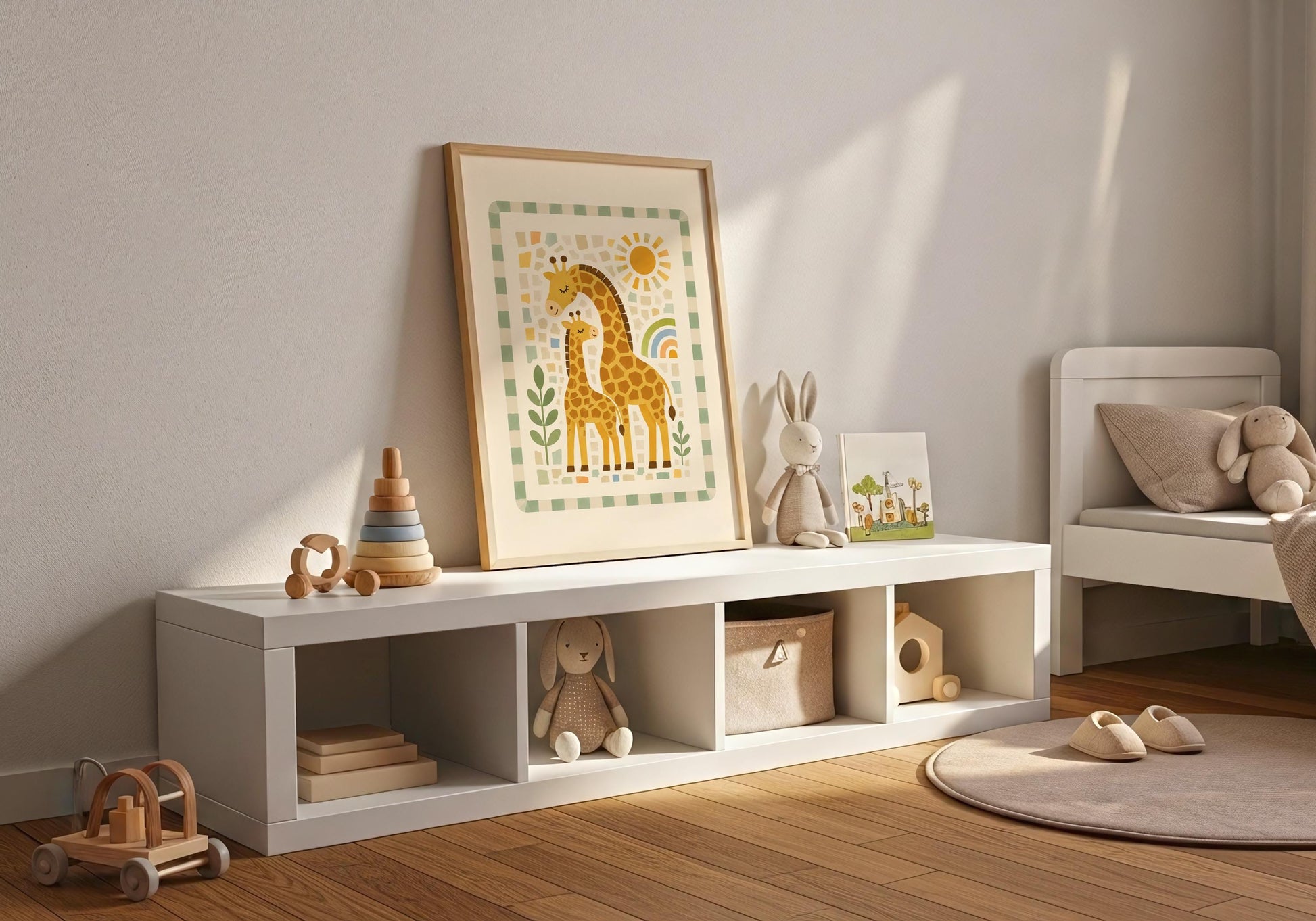 Modern jungle nursery print featuring a loving parent and baby giraffe in a soft hand-painted style.