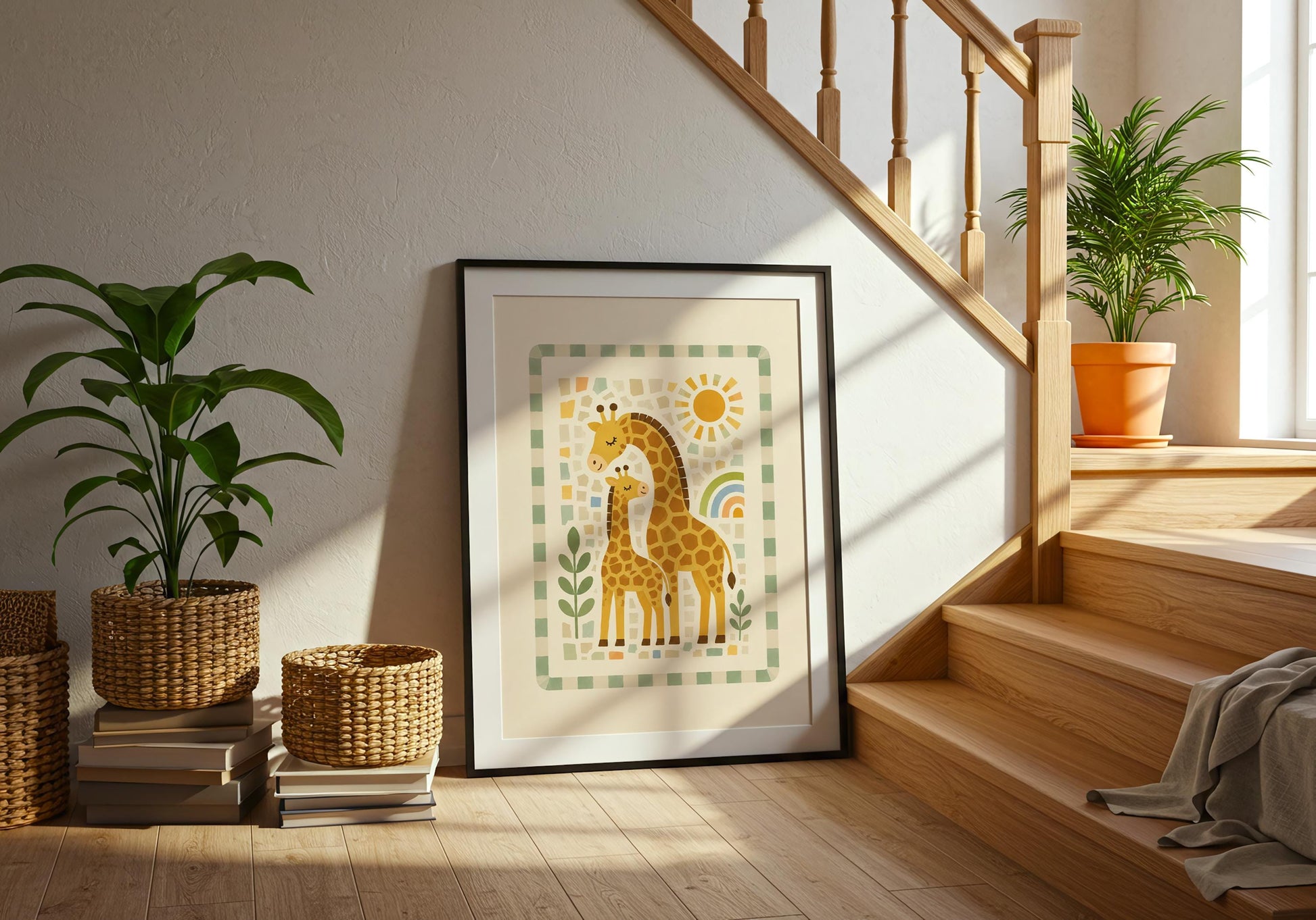 Large framed giraffe nursery artwork styled in a bright neutral interior with natural wood and warm sunlight.