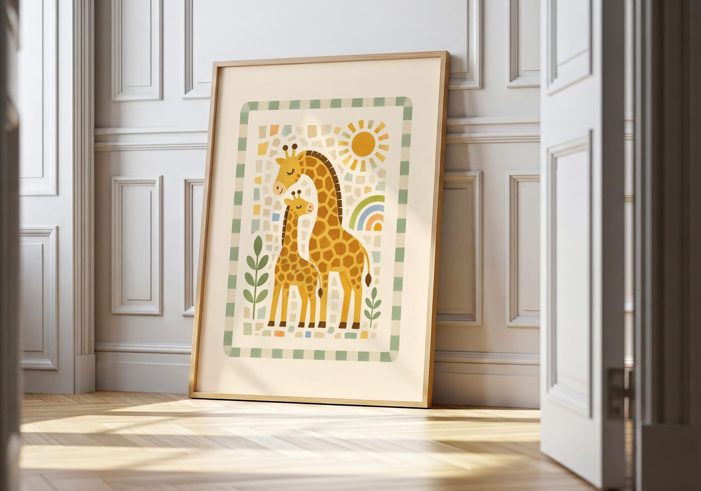 Parent and baby giraffe nursery print in warm ochre and caramel with a golden sun, rainbow and green leaves.