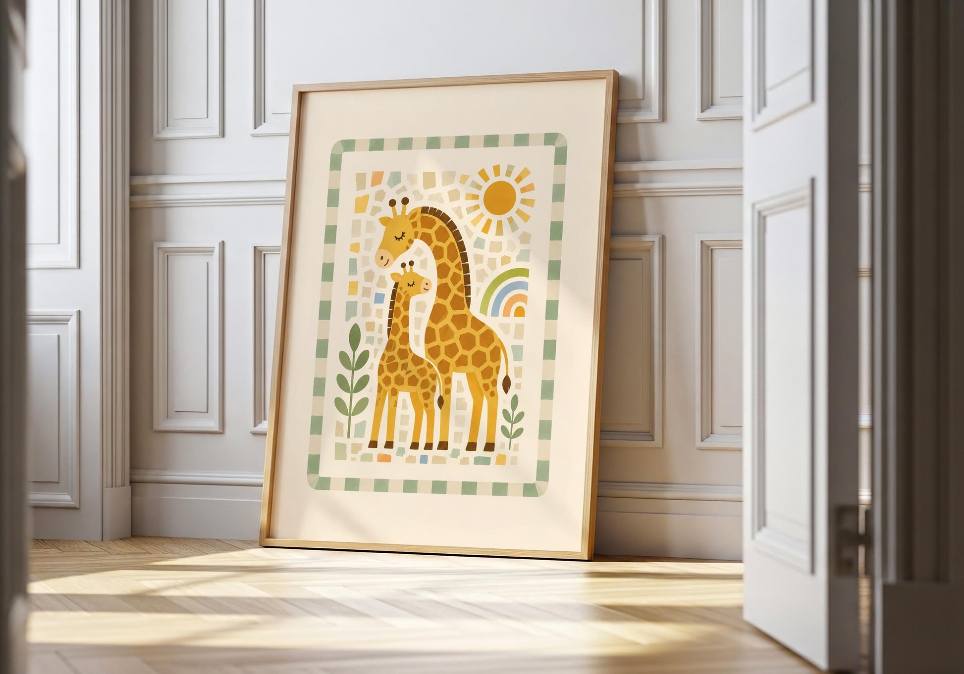 Parent and baby giraffe nursery print in warm ochre and caramel with a golden sun, rainbow and green leaves.
