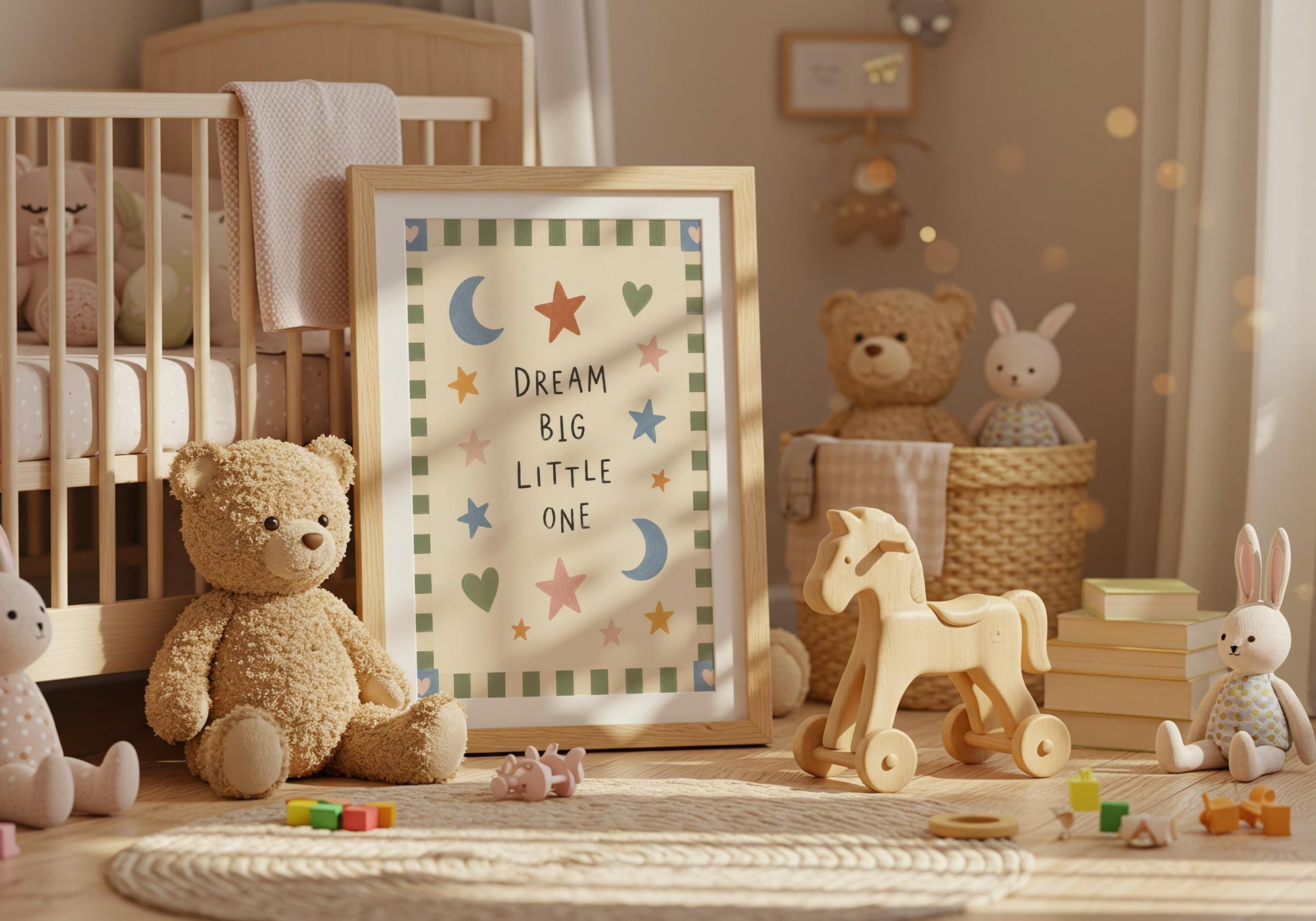 Framed celestial nursery print displayed against an elegant cream panelled wall with natural wood flooring.