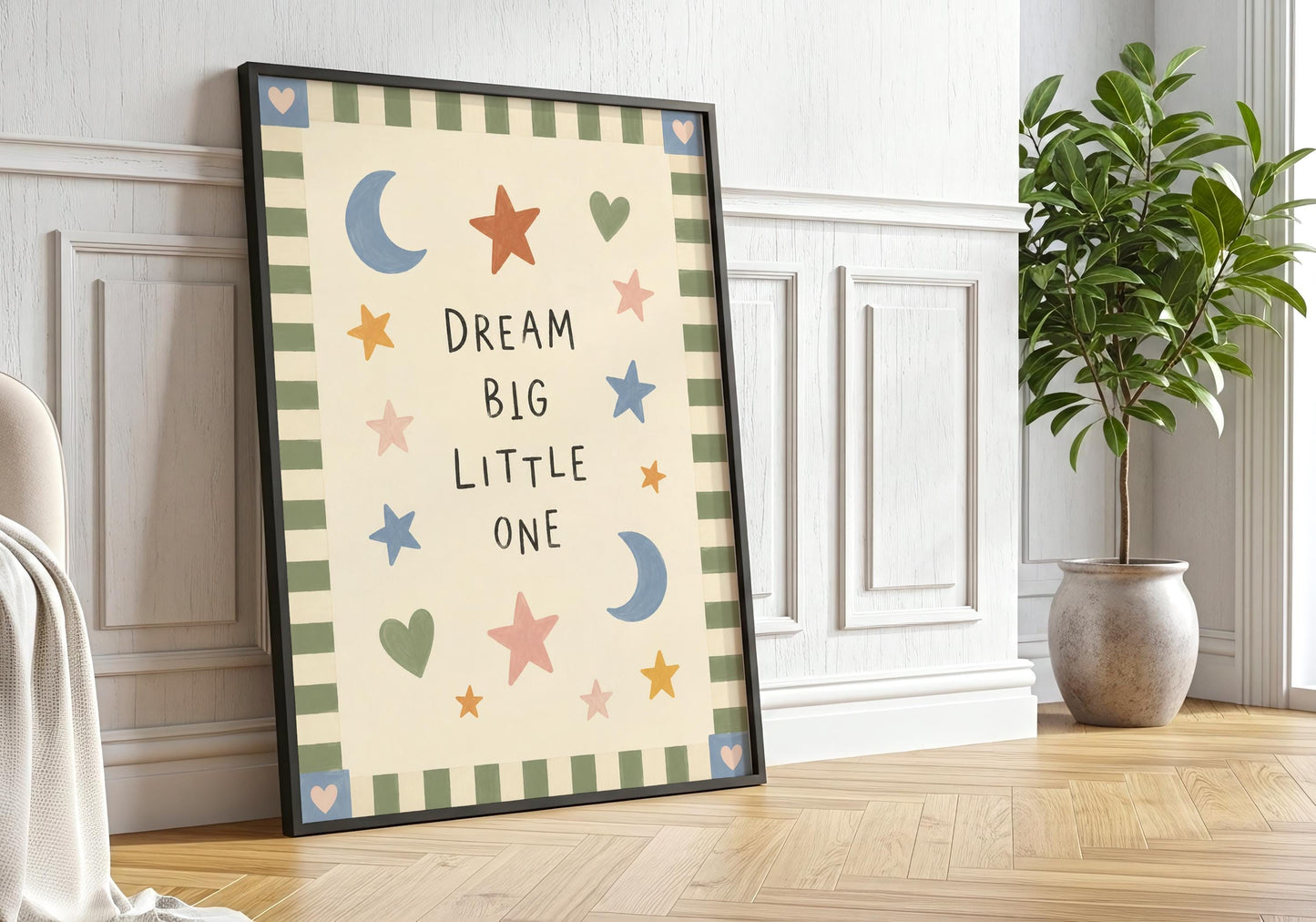Inspirational kids wall art featuring the words Dream Big Little One surrounded by blue moons and colourful stars.