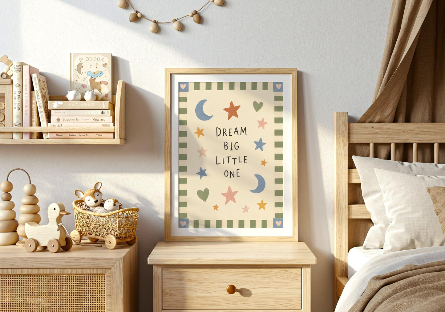 Gender-neutral nursery artwork with sage green stripes, blue moons, pink stars, ochre stars and painted hearts.