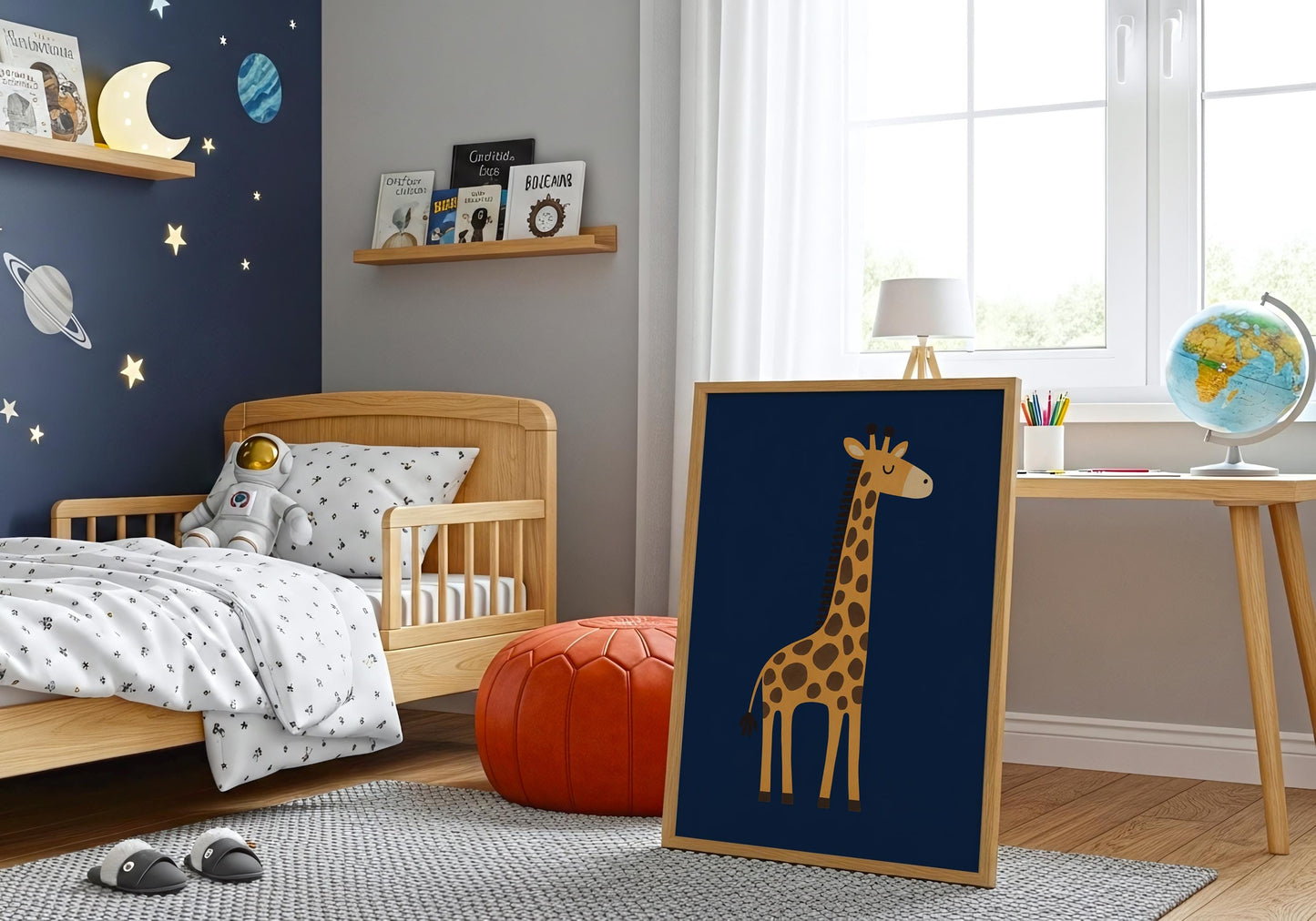 Three-piece jungle animal print set for a modern nursery or kids bedroom with lion, elephant and giraffe artwork.