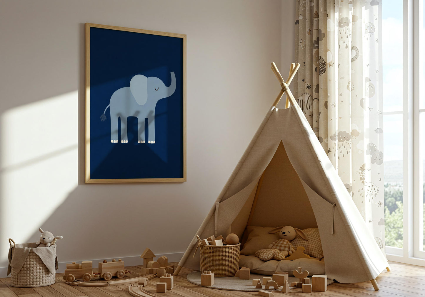 Elephant children's wall art featuring a soft blue elephant with raised trunk against a navy background.