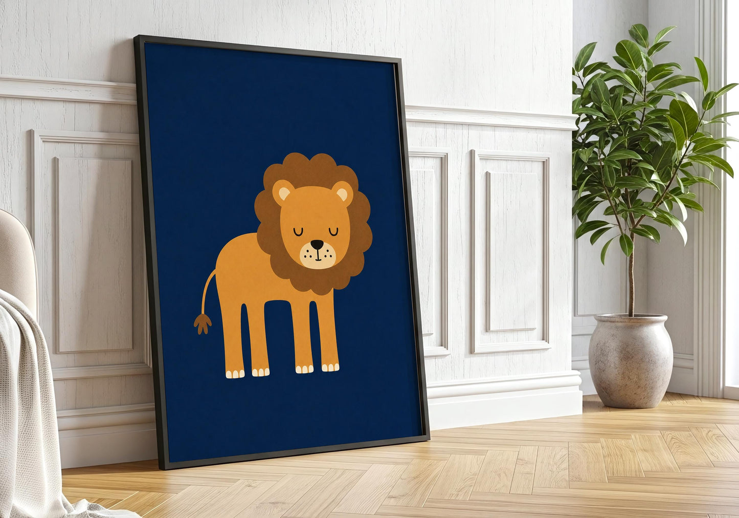 Lion nursery print showing a friendly ochre and brown lion with closed eyes on a dark navy blue background