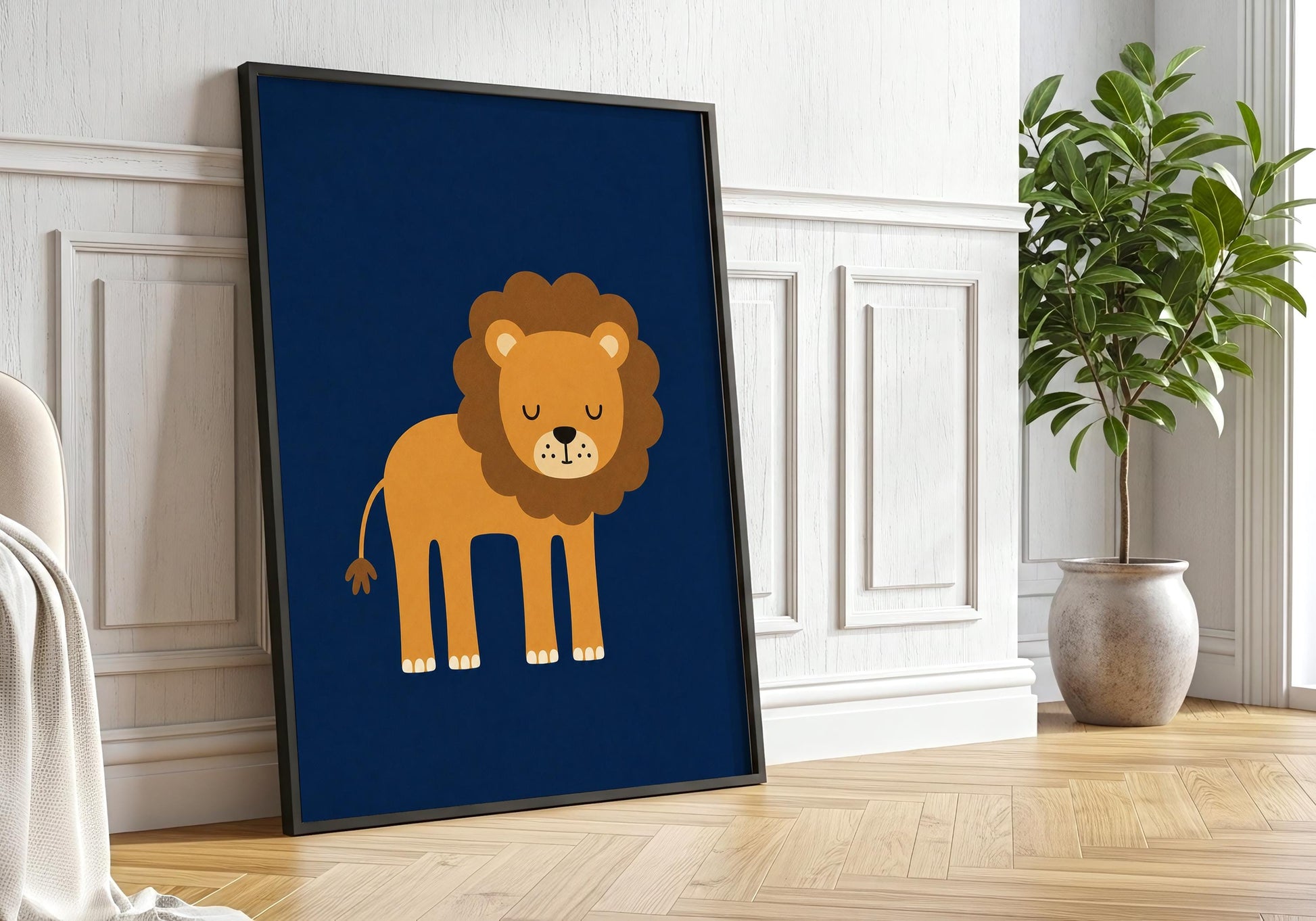 Lion nursery print showing a friendly ochre and brown lion with closed eyes on a dark navy blue background