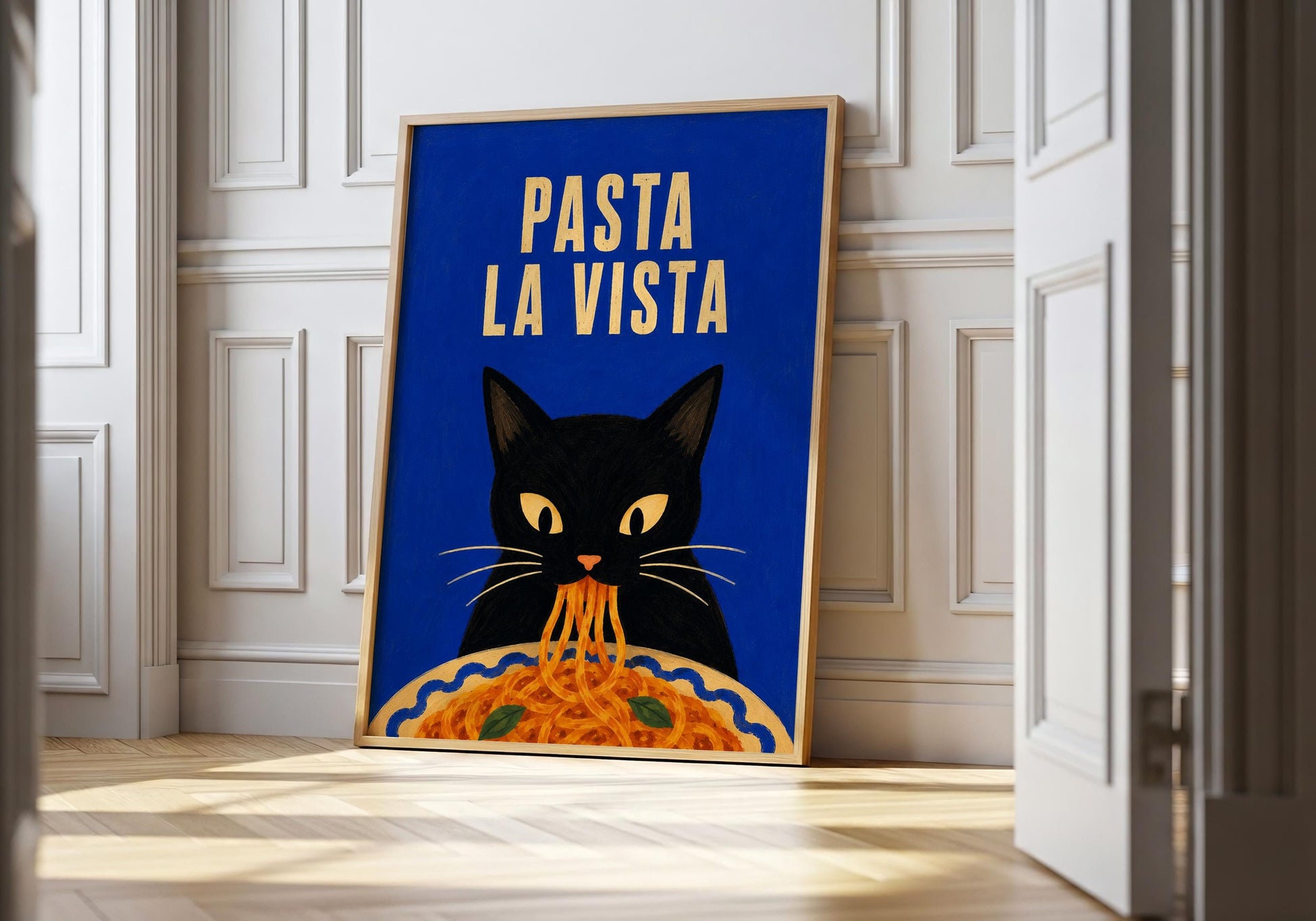 Funny cat kitchen wall art featuring a black cat eating spaghetti with the Pasta La Vista quote.