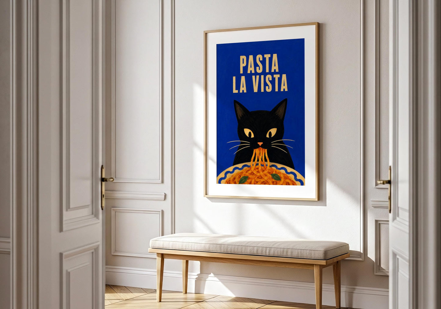 Black cat poster with humorous food artwork for pasta lovers and cat lovers.