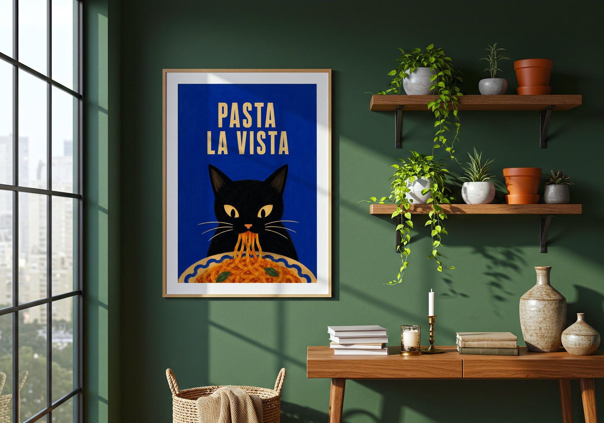 Colourful kitchen print featuring a cat eating spaghetti beneath the Pasta La Vista saying.