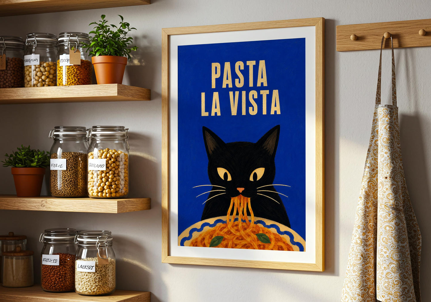 Quirky cat kitchen decor with playful Italian-inspired food illustration.