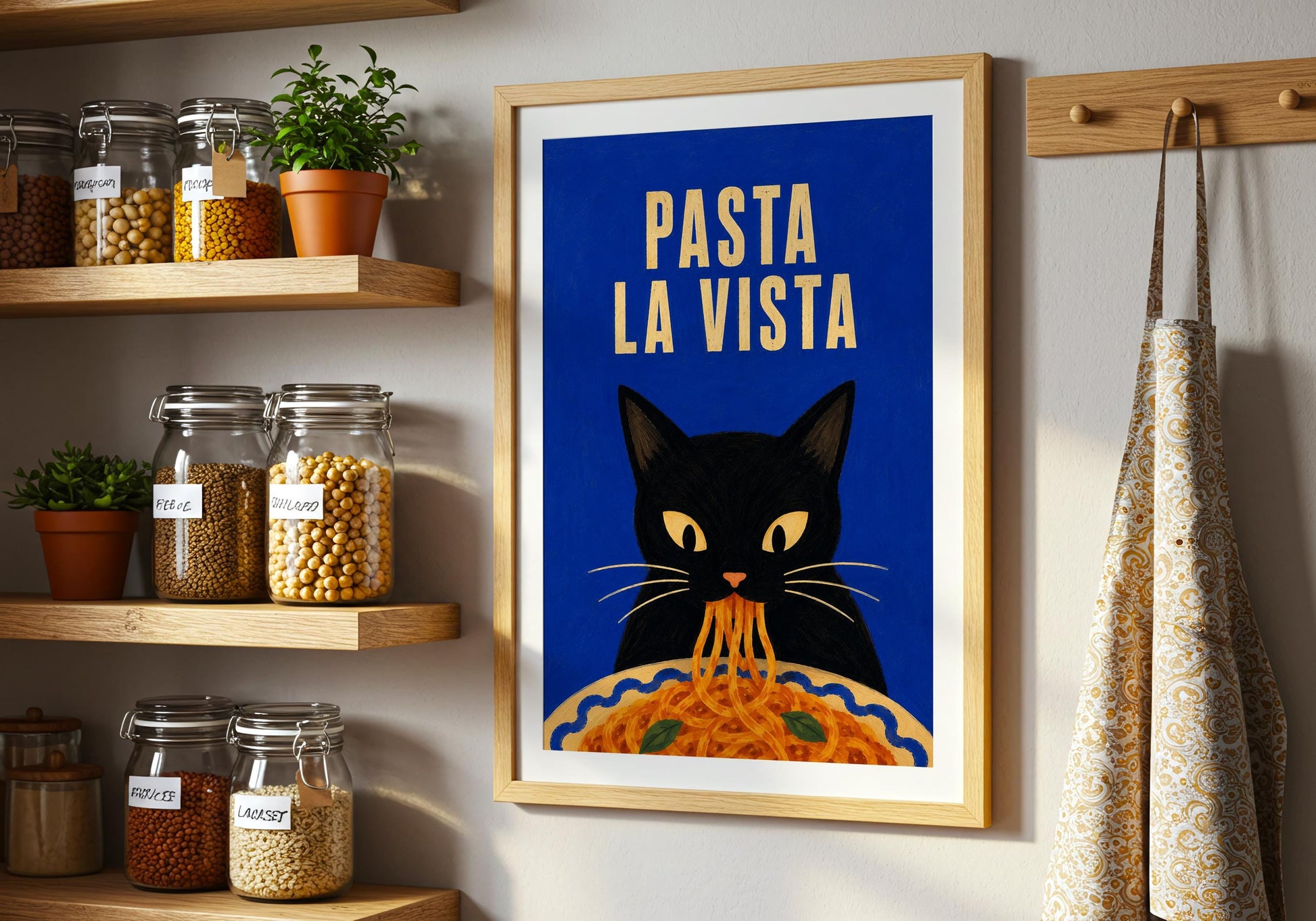 Quirky cat kitchen decor with playful Italian-inspired food illustration.