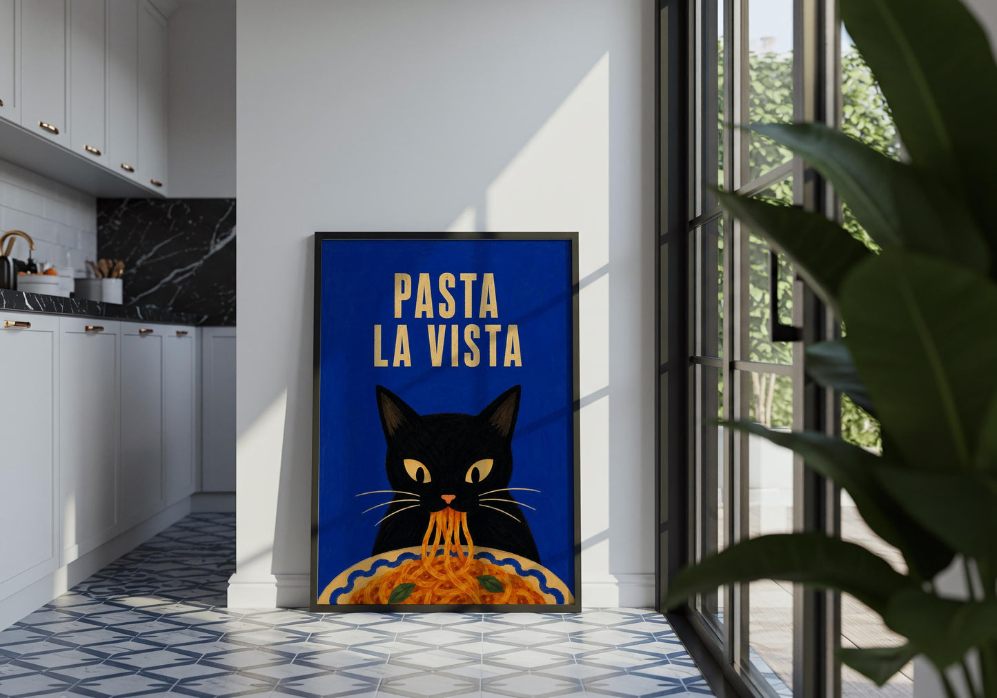 Pasta lover gift with colourful cat illustration for modern kitchen decor.
