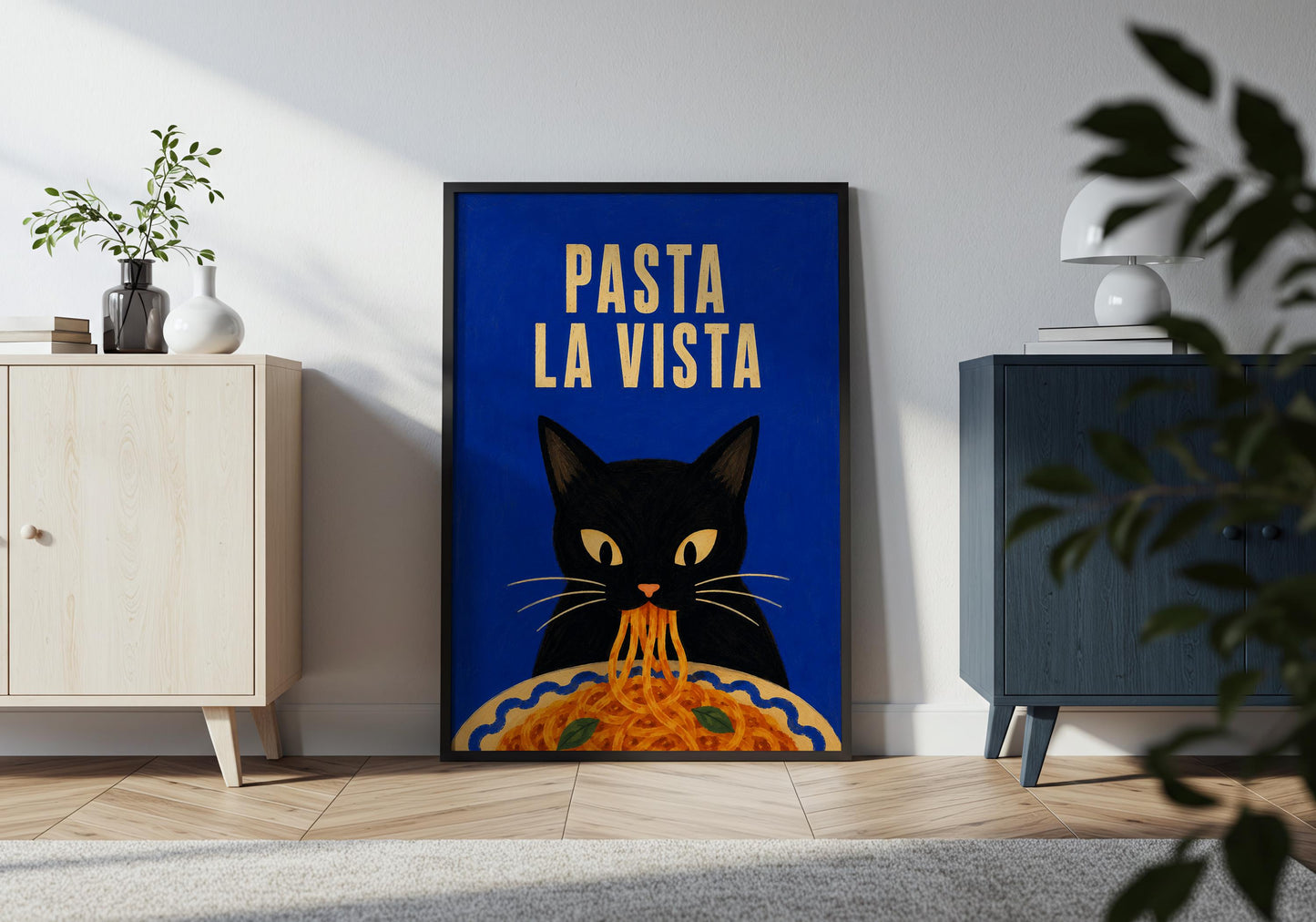 Dining room wall art featuring a humorous black cat and spaghetti design.