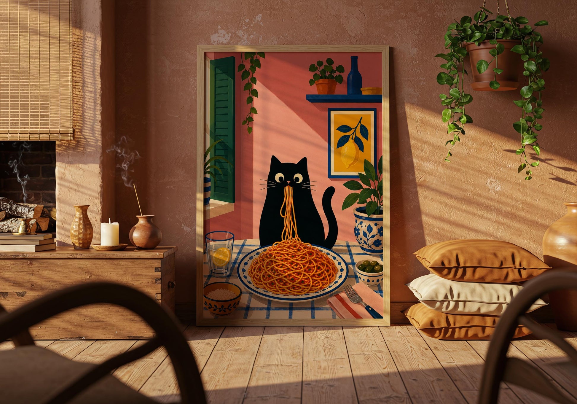 Mediterranean home decor with playful cat illustration and delicious spaghetti.