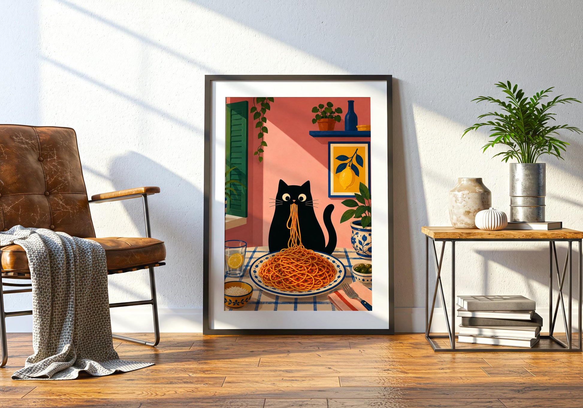 Italian kitchen decor with black cat enjoying a large plate of pasta.