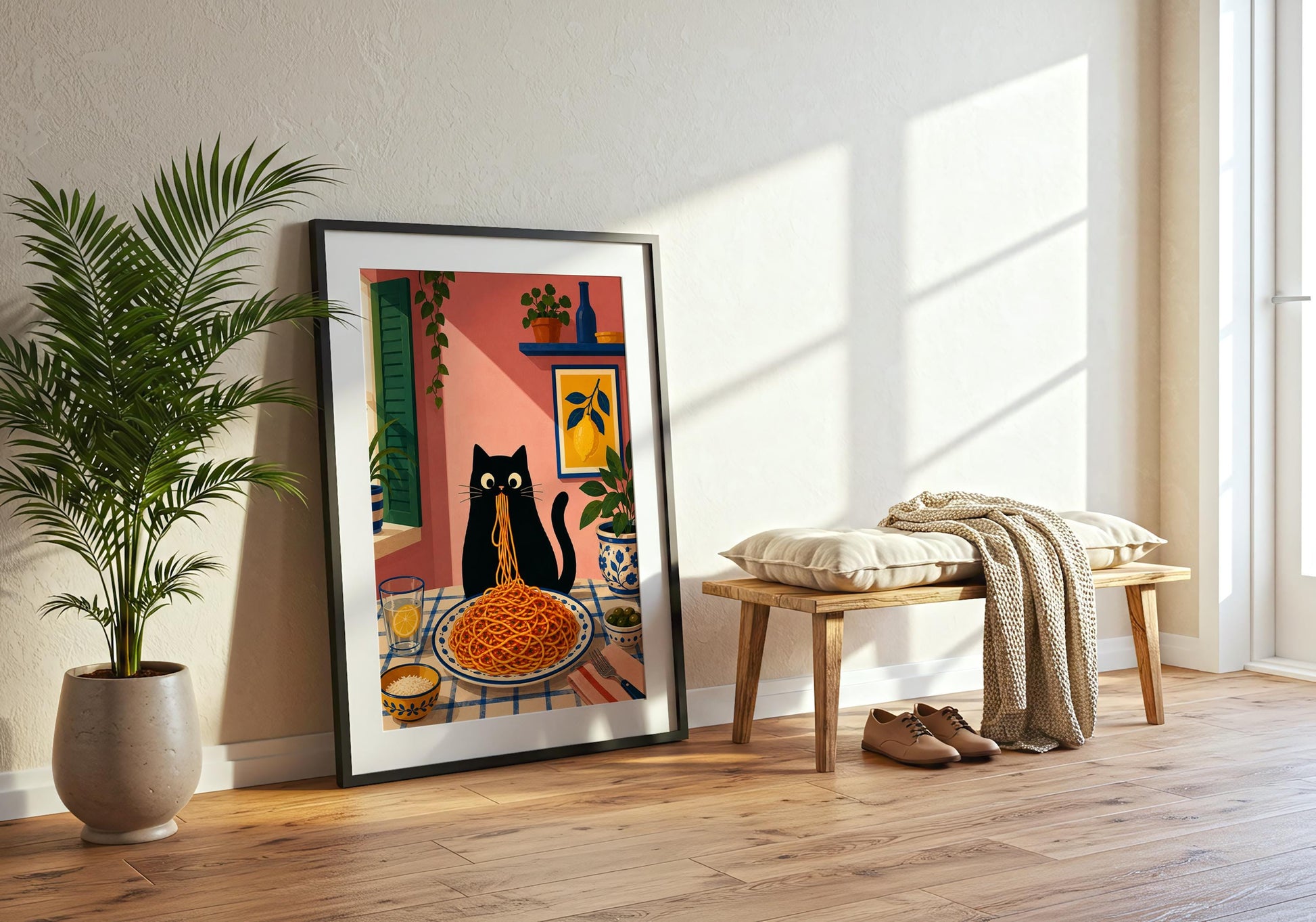 Spaghetti cat print with vibrant kitchen decor and charming Italian styling.