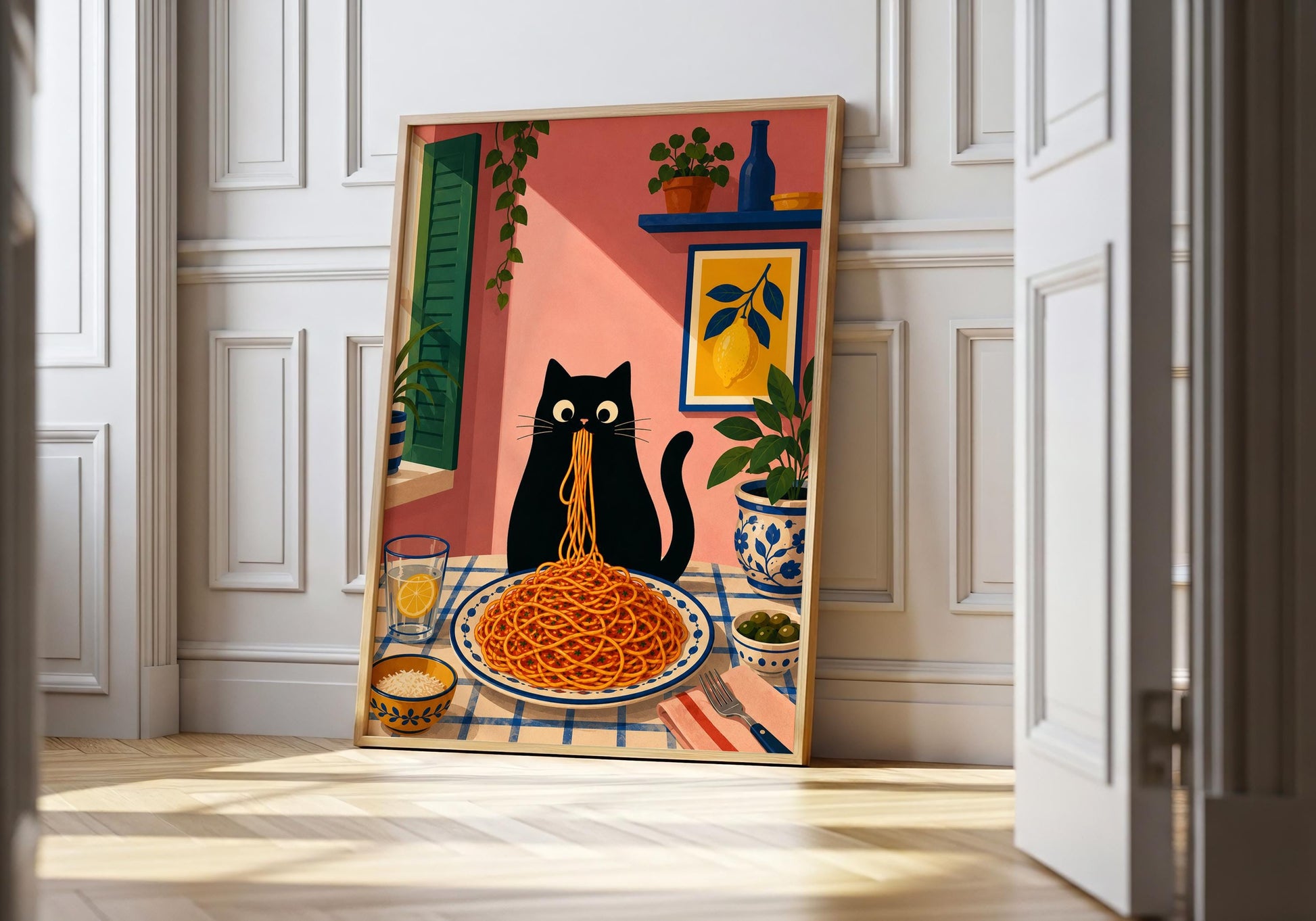 Black cat kitchen wall art featuring a cat eating spaghetti in an Italian-inspired dining room.