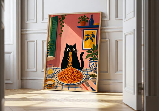 Black cat kitchen wall art featuring a cat eating spaghetti in an Italian-inspired dining room.