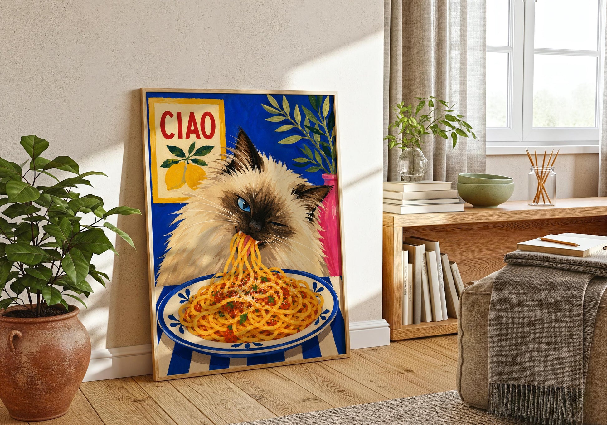Colourful Italian wall art for cat lovers and food enthusiasts.
