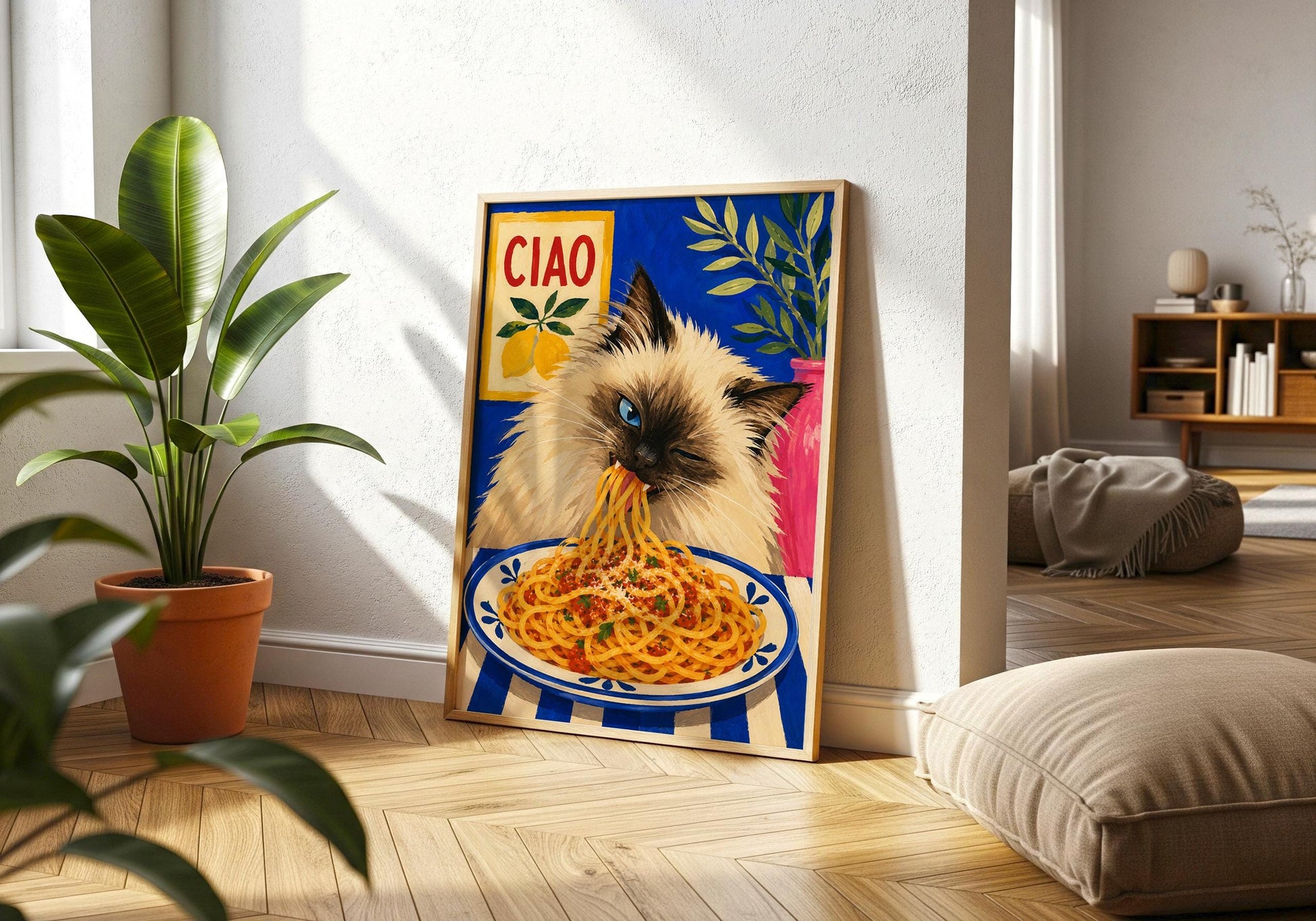 Ragdoll-inspired cat artwork with bright colours and Italian styling.