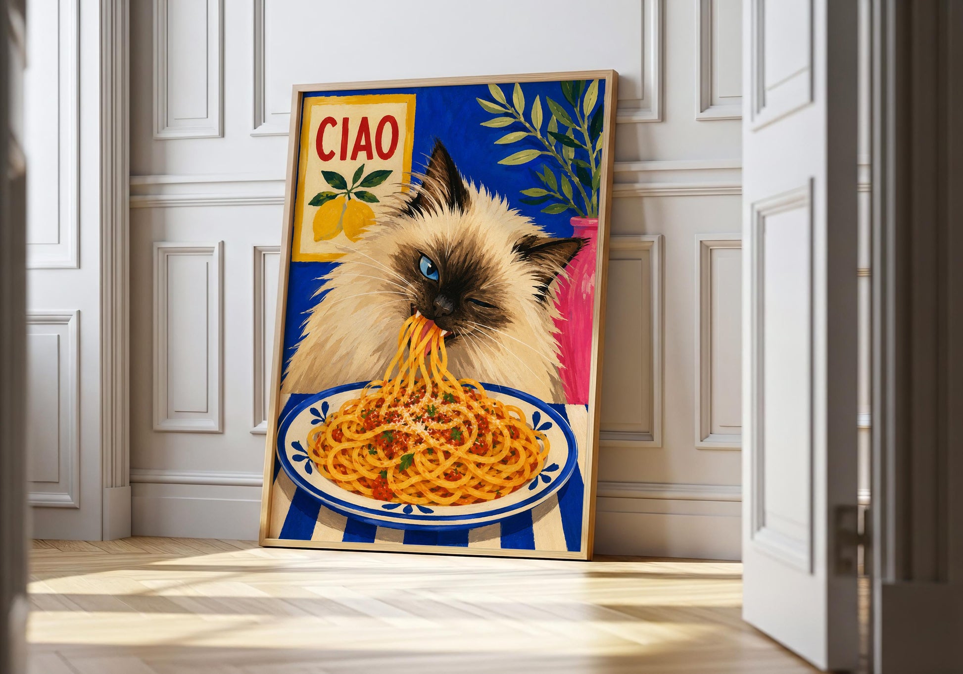 Ragdoll cat wall art featuring a fluffy blue-eyed cat eating spaghetti in an Italian kitchen.