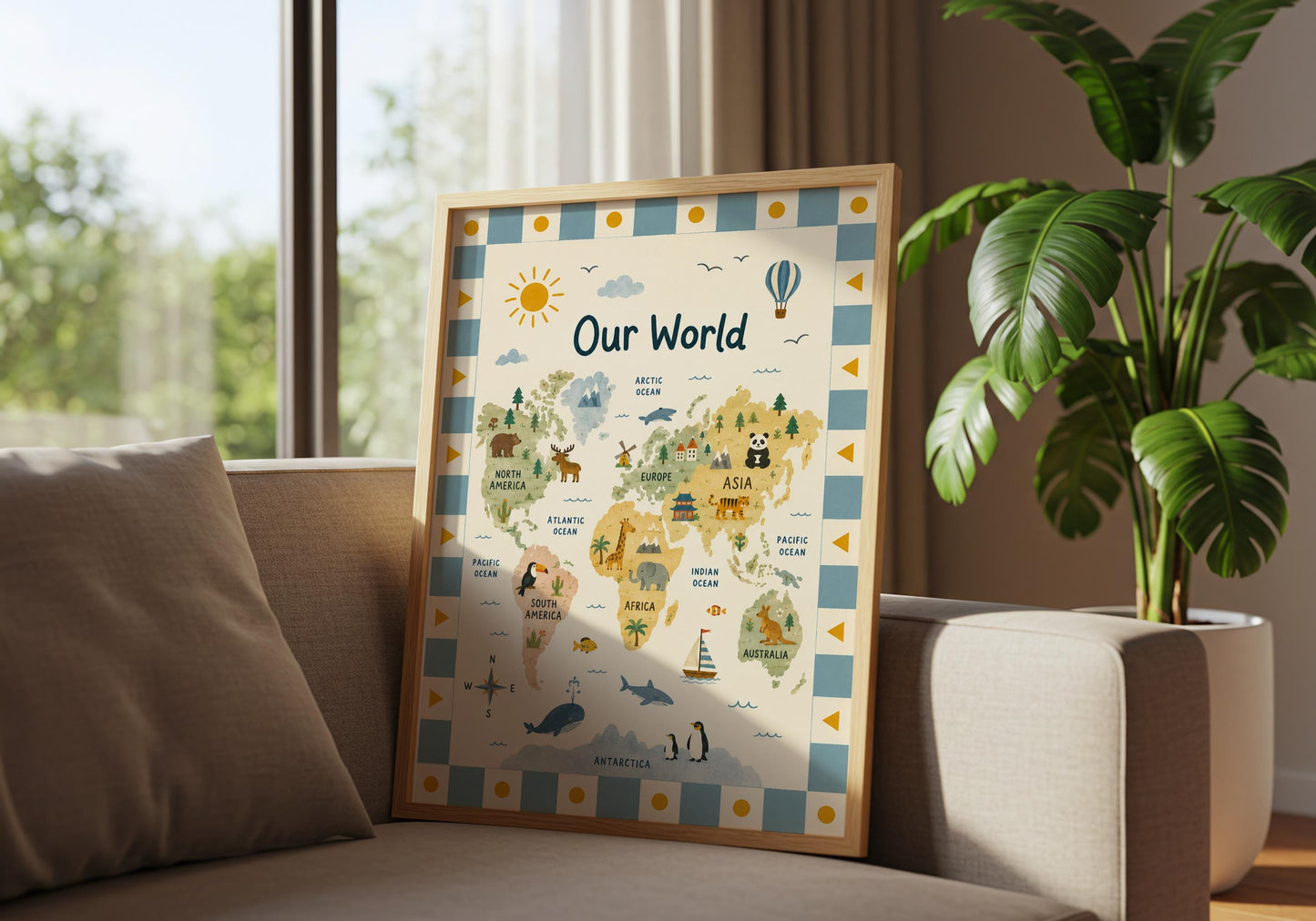 Kids playroom world map print featuring continents, oceans, wildlife, a compass, boat and hot air balloon.