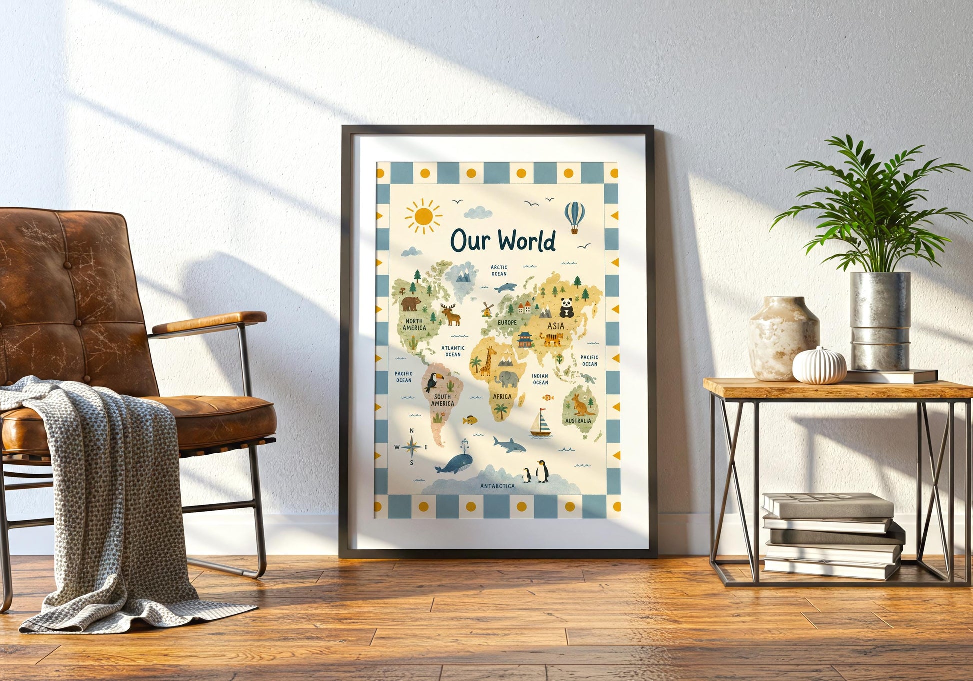 Children’s educational map poster in muted blue, yellow, green and cream with a nostalgic storybook style.
