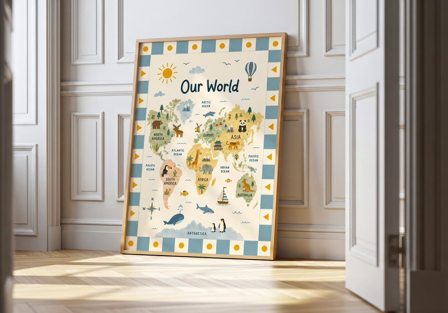 Illustrated kids world map print with animals, continents and oceans in soft blue, mustard and earthy colours.
