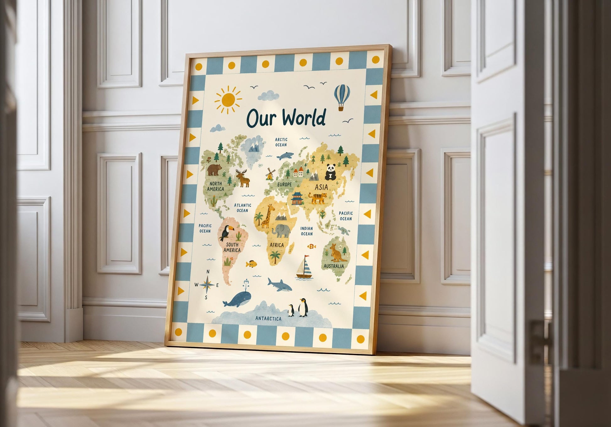Illustrated kids world map print with animals, continents and oceans in soft blue, mustard and earthy colours.