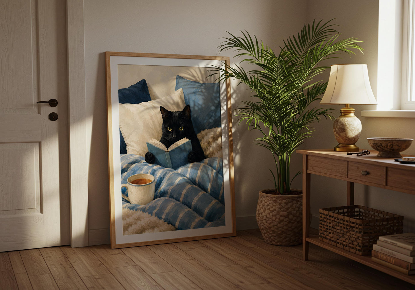 Cozy black cat art print featuring a cat reading a blue book surrounded by soft pillows and a warm drink.