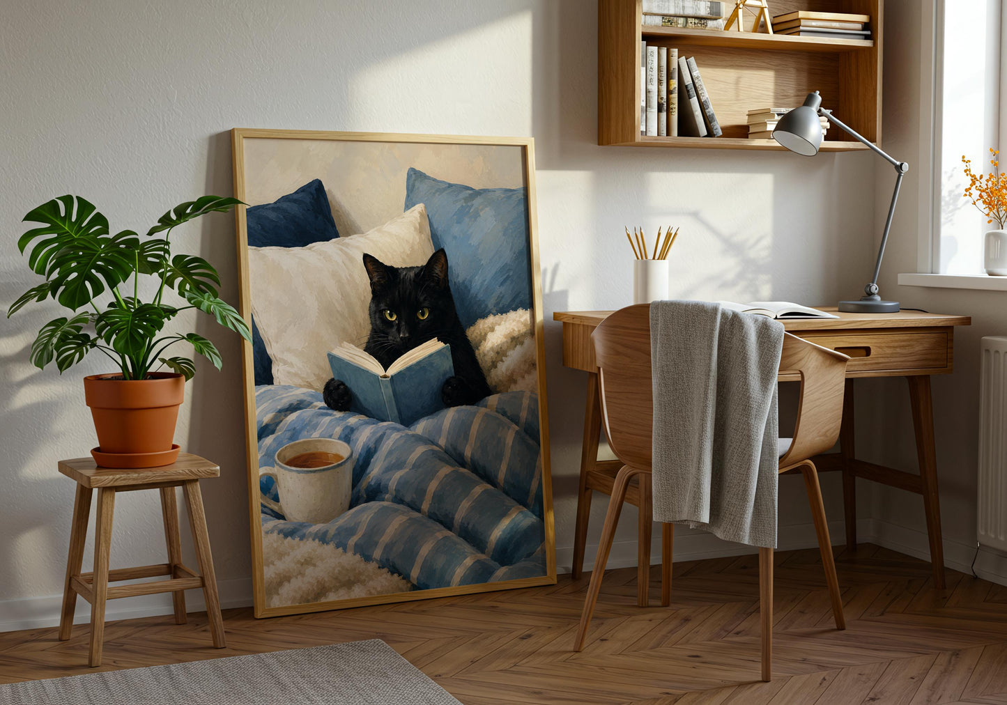 Black cat and coffee art print for reading nooks, home libraries, bedrooms, and cozy living spaces.