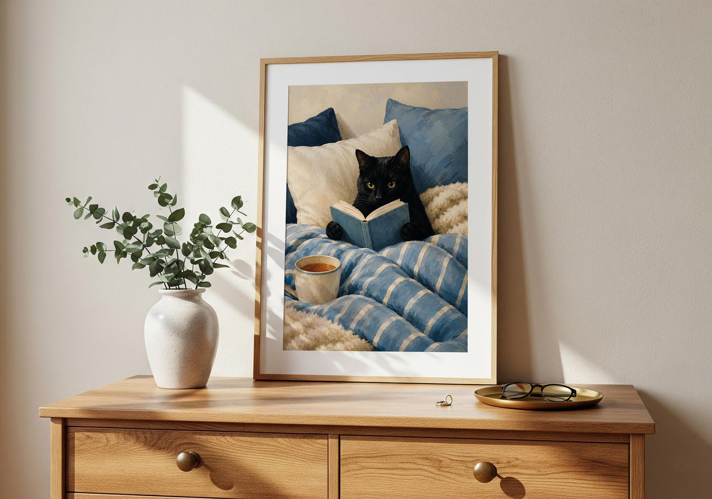 Cat lover gift artwork showing a black cat enjoying a quiet reading moment in a warm and comfortable bedroom.