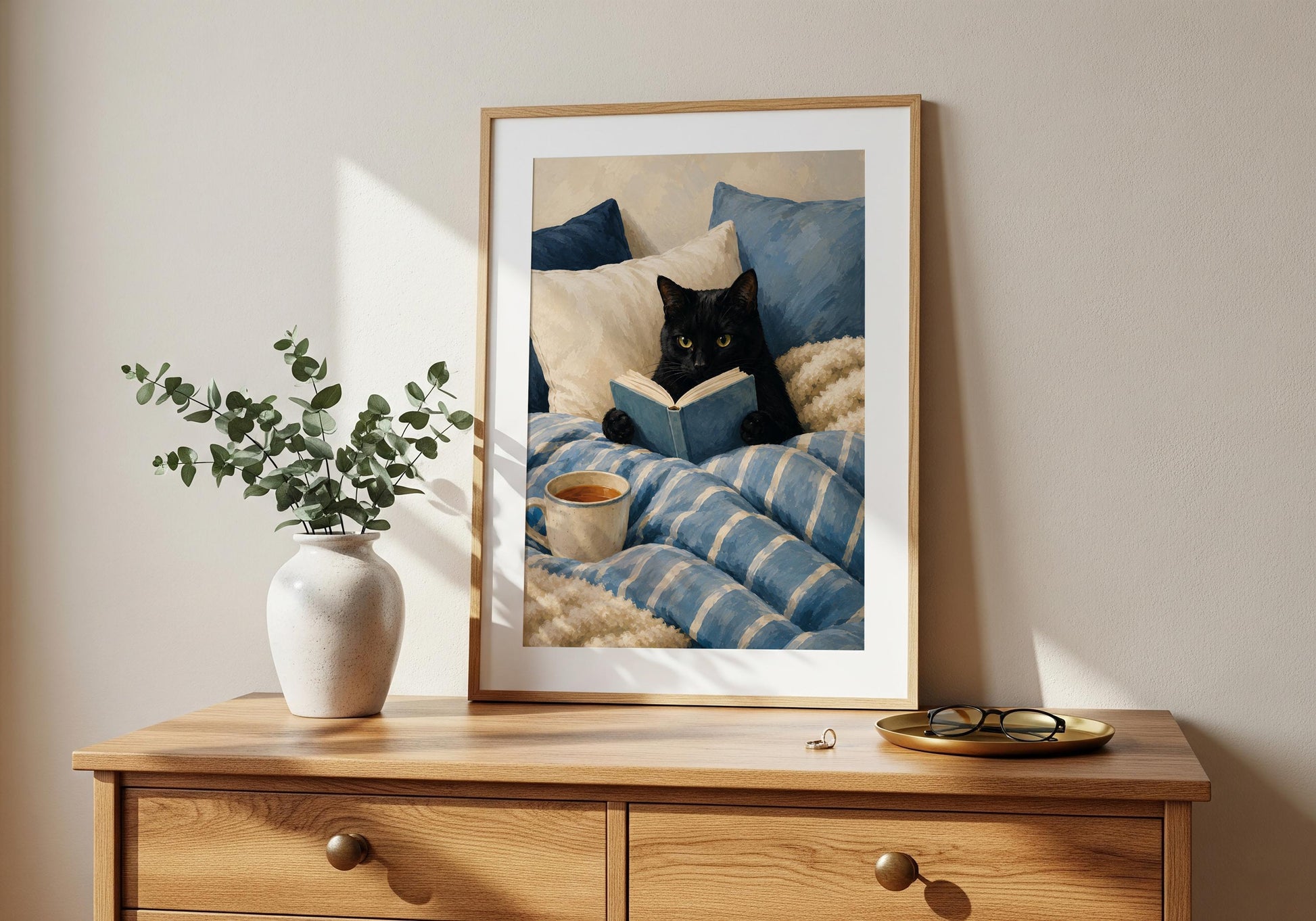 Cat lover gift artwork showing a black cat enjoying a quiet reading moment in a warm and comfortable bedroom.