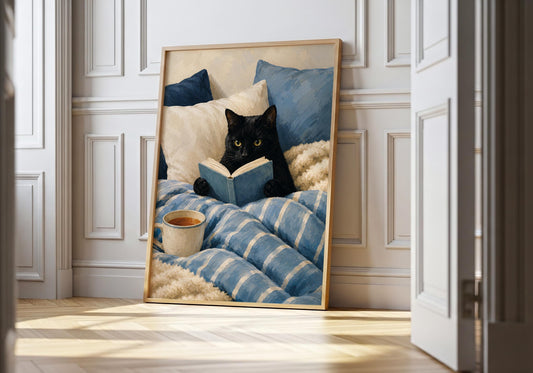Black cat reading a book in bed with a cup of coffee, cozy wall art for book lovers and cat lovers.