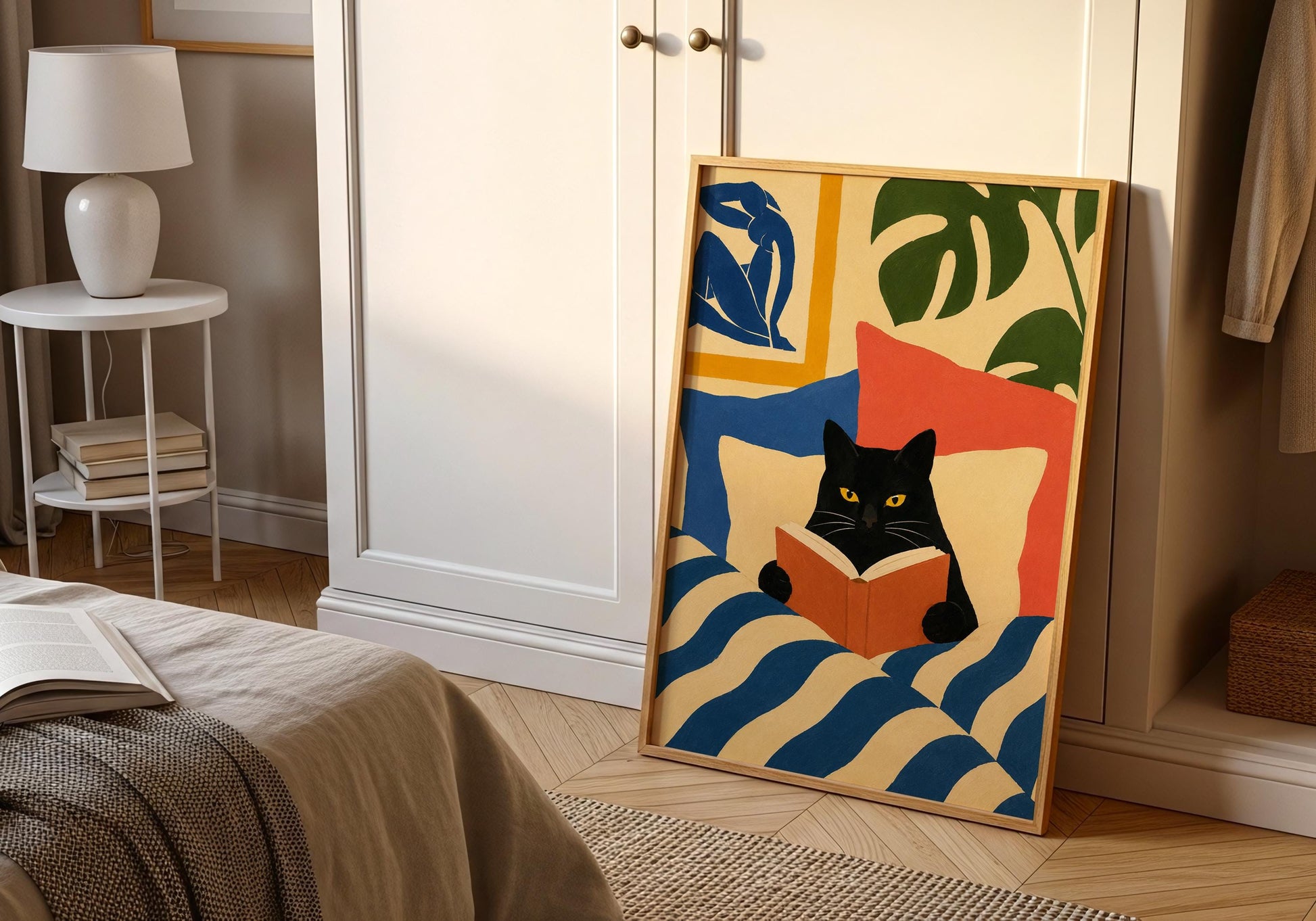Abstract animal wall art showing a black cat holding a book in a modern minimalist style.